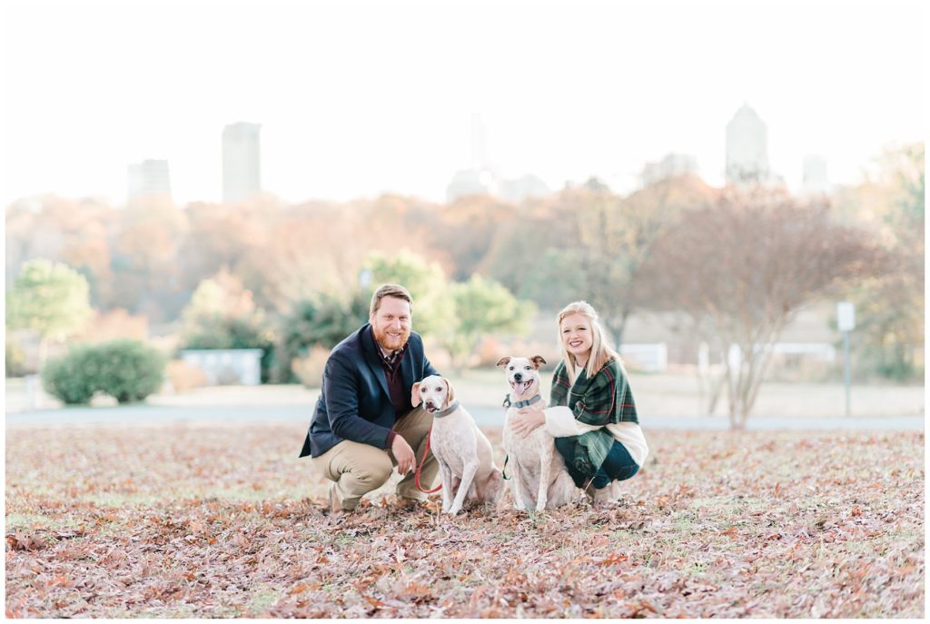 Radic Downtown Raleigh Fall Sunrise Photoshoot with Downtown Raleigh Skyline with Dogs