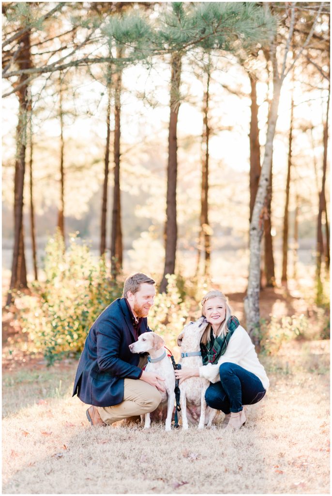 Radic Downtown Raleigh Fall Sunrise Photoshoot with sunlit pine tree background with Dogs