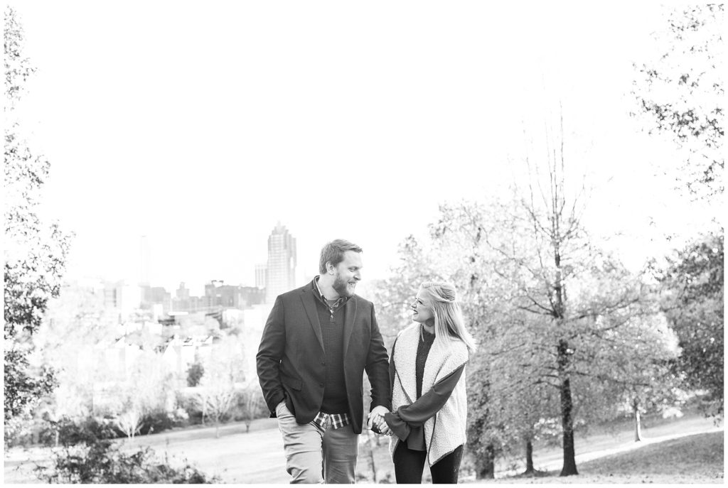Black and White Radic Downtown Raleigh Fall Sunrise Photoshoot with Downtown Raleigh Skyline